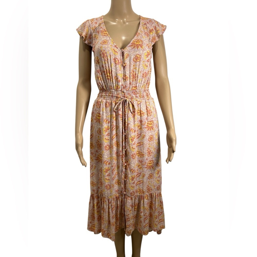Lucky Brand Hi-Low Floral Midi Dress with Tie Waist  size XS